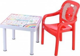 Sağlam Plastik Mandella Rubi İngilizce Desenli Çocuk Masası 1 Adet Rubi Çocuk Koltuk Kırmızı