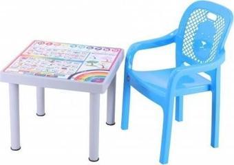 Sağlam Plastik Mandella Rubi İngilizce Desenli Çocuk Masası 1 Adet Rubi Çocuk Koltuk Mavi