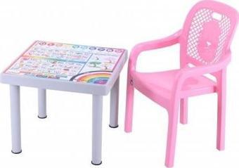 Sağlam Plastik Mandella Rubi Türkçe Desenli Çocuk Masası 1 Adet Rubi Çocuk Koltuk Pembe