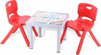 Sağlam Plastik Mandella Rubi Türkçe Desenli Çocuk Masası 2 Adet Nova Büyük Çocuk Koltuk Kırmızı