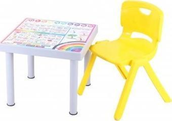 Sağlam Plastik Mandella Rubi İngilizce  Desenli Çocuk Masası 1 Adet Nova Büyük Çocuk Koltuk Sarı