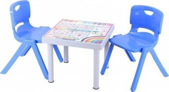 Sağlam Plastik Mandella Rubi İngilizce  Desenli Çocuk Masası 2 Adet Nova Büyük Çocuk Koltuk Mavi