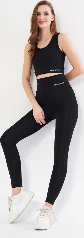 Lesa Wear Yüksek Bel Likralı Toparlayıcı Tayt Crop Takım