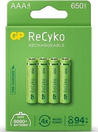 GP Recyko 650 Mah R03 AAA İnce Kalem Pil 4 Lü Şarjlı Pil  Şarj Edilebilir Pil