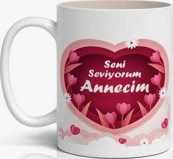 Seni Seviyorum ANNECİM Yazılı Anneler Günü Tasarımlı Yazılı Baskılı Kupa Bardak Baskılı Kahve Kupa