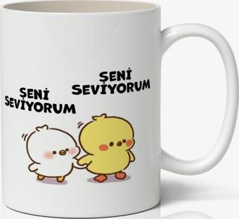 Seni Seviyorum Sevimli Civcivler Tasarımlı Kupa Bardak Baskılı Kahve Kupa Bardak