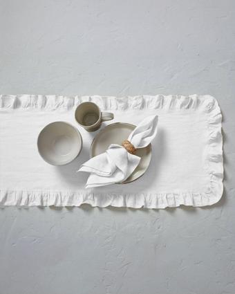 Wellstil Rufle | Fırfırlı Keten Beyaz Runner 40 X 110 Cm