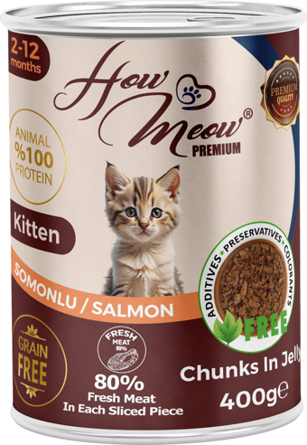 HOW MEOW 12 ADET JÖLELİ PARÇA ETLİ YAVRU KEDİ YAŞ MAMASI SOMONLU 400 GRAM