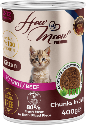 HOW MEOW 12 ADET JÖLELİ PARÇA ETLİ YAVRU KEDİ YAŞ MAMASI BİFTEKLİ 400 GRAM