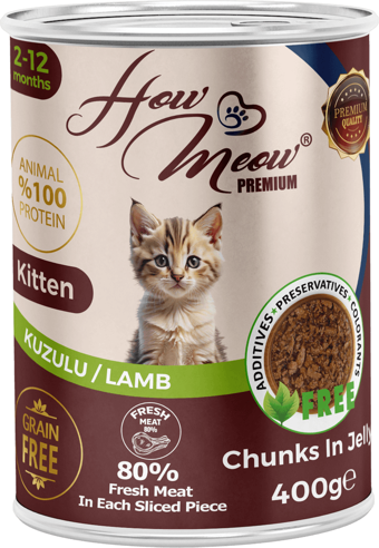 HOW MEOW 12 ADET JÖLELİ PARÇA ETLİ YAVRU KEDİ YAŞ MAMASI KUZULU 400 GRAM