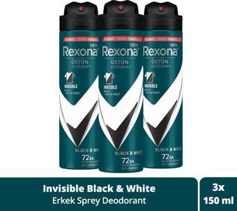 Rexona Men Erkek Sprey Deodorant Invisible Black & White 72 Saat Kesintisiz Üstün Koruma 150 Ml X3