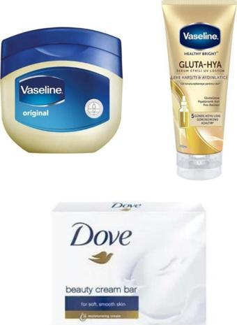 Vaseline 100Ml + Vaseline Gluta Hya Leke Karşıtı 200Ml +Dove Beauty Cream Katı Sabun 100G Cilt Bakım