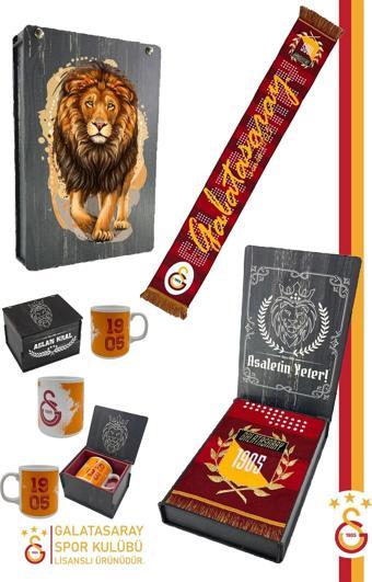 Galatasaray Orijinal Lisanslı Akrilik Galatasaray Atkı Seramik Kupa Set Aslan Baskılı Ahşap Kutulu