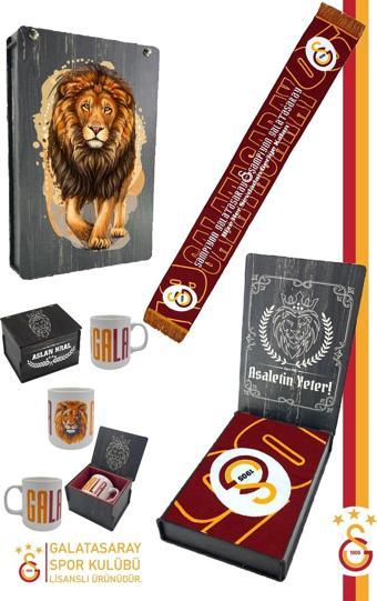 Galatasaray Orijinal Lisanslı Akrilik Şampiyon Galatasaray Atkı Seramik Kupa Set Aslan Baskı Kutulu