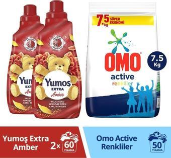 Yumoş Yumuşatıcısı Amber 1440Ml 2Adet Omo Active Fresh Toz Çamaşır Deterjanı Renkliler 7.5Kg 1 Adet