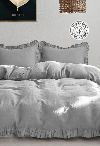 Evlen Home Collection Pamuklu Taş Yıkama Fırfırlı Nevresim Takımı Çift Kişilik 4 Parça Barella Yumuşak Nevresim Seti