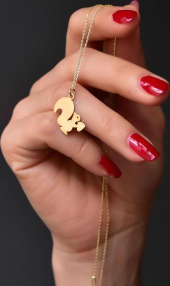925 Ayar Gümüş Gold Kaplama Kesim Fındık Kurdu Sincap Kolye