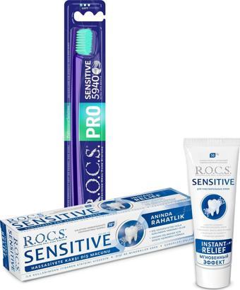 Rocs Sensitive Instant Relief - Anında Ferahlık Florürsüz Diş Macunu + 5940 SENİTİV FIRÇA Seti YEŞİL