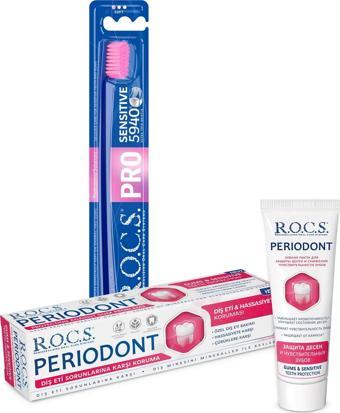 Rocs PERIODONT Diş Eti Bakım Seti–Periodont Macun + PRO 5940 Sensitive Diş Fırçası Pembe