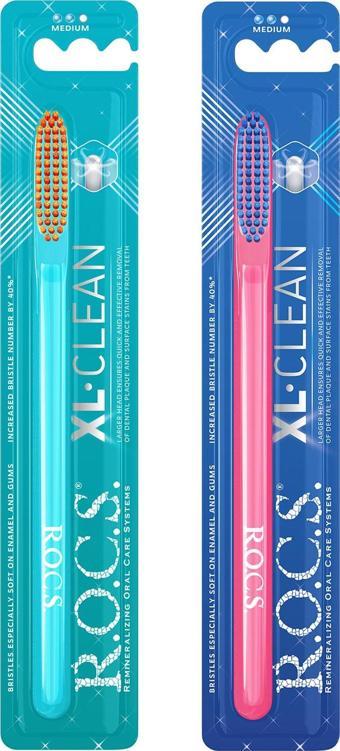 Rocs XL CLEAN – EKSTRA TEMİZLİK İÇİN DİŞ FIRÇASI - 2'Lİ SET PEMBE-YEŞİL SAP