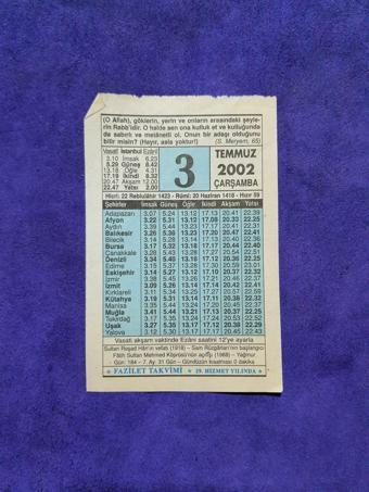 3 Temmuz 2002 Takvim Yaprağı - Nostalji Koleksiyonluk Takvim Yaprağı