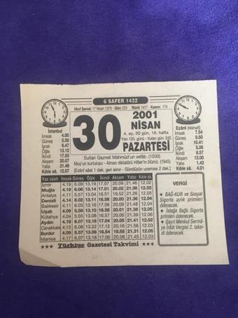 30 Nisan 2001 Takvim Yaprağı - Nostalji Koleksiyonluk Takvim Yaprağı B