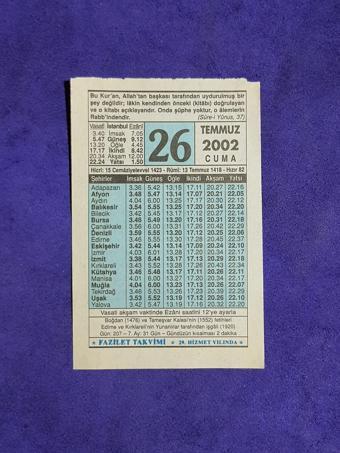 26 Temmuz 2002 Takvim Yaprağı - Nostalji Koleksiyonluk Takvim Yaprağı
