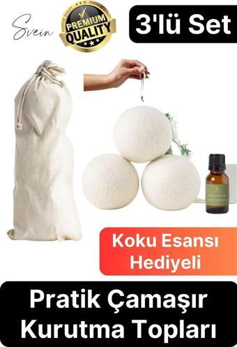 3'lü Premium Hediye Kokulu Yün Keçe Çamaşır Kurutma Topu Seti Esans Yağı Koku Doğal Yumuşatıcı