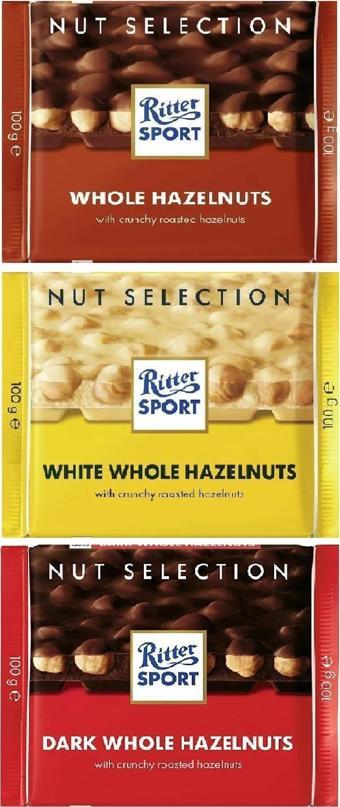 RITTER SPORT  WHOLE HAZELNUTS  SERIES 100GR. - 3 LÜ SET BİTTER - SÜTLÜ - BEYAZ FINDIKLI 