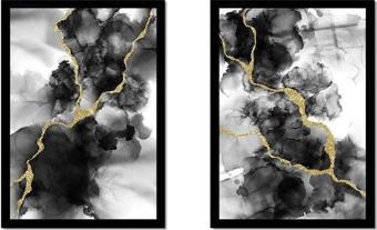 Tablosan Altın Detaylı Siyah Soyut Ikili Çerçeveli Cam Tablo Seti