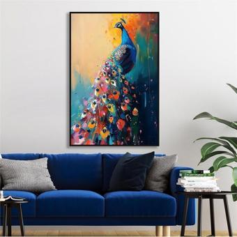Tablosan Yağlı Boya Dokulu Tablo Modern Renkli Tavus Kuşu Siyah Çerçeveli U04032