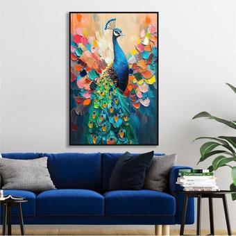 Tablosan Yağlı Boya Dokulu Tablo Modern Renkli Tavus Kuşu Siyah Çerçeveli U04031