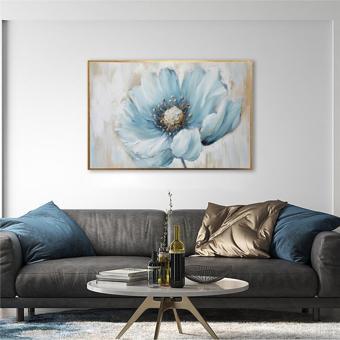 Tablosan Yağlı Boya Dokulu Tablo Modern Mavi Çiçek Altın Çerçeveli U02025