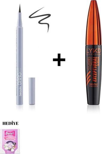 iBeaulis Drag It Inkpen Keçe Uçlu Eyeliner ve Exceptional Yelpaze Etkili Ve Kıvrım Veren Maskara So Black Set Makyaj Düzeltme Çubuğu Hediyeli