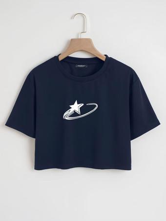 Mad&Calf Kadın Falling Star Baskılı Oversize Crop Tshirt Lacivert L