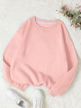 Mad&Calf Kadın Basic 0 Sıfır Yaka Baskısız Düz Oversize Salaş Bol Kesim Polar Sweatshirt Pembe 2XL