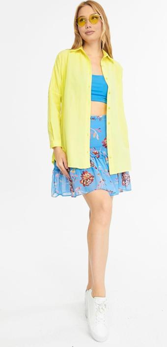 Mad&Calf Kadın Basic Uzun Oversize Kalıp Gömlek Sarı XL