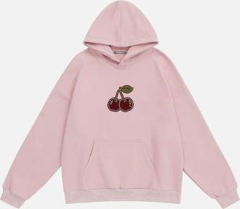 Mad&Calf Kadın Cherry Taş Baskılı Kapüşonlu Polarlı Oversize Sweatshirt Pembe 2XL