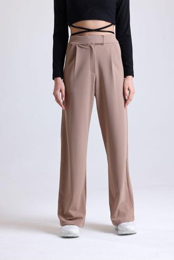 Mad&Calf Kadın Wide Leg Likralı Cırt Kapamalı Lastikli Palazzo Pantolon Kahverengi L