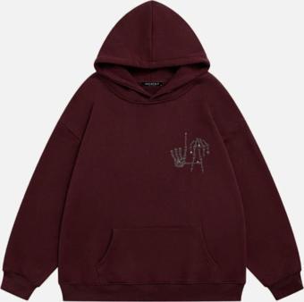 Mad&Calf Kadın La Finger Sign Taş Baskılı Kapüşonlu Polarlı Oversize Sweatshirt Bordo S