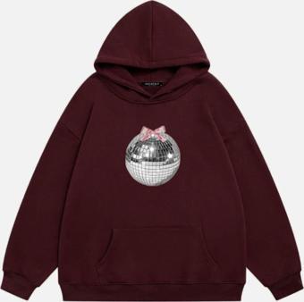 Mad&Calf Kadın Mirror Ball Baskılı Kapüşonlu Polarlı Oversize Sweatshirt Bordo M