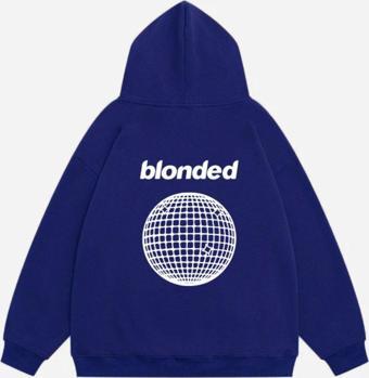 Mad&Calf Unisex Blonde Baskılı Kapüşonlu Polarlı Oversize Sweatshirt Saks XL
