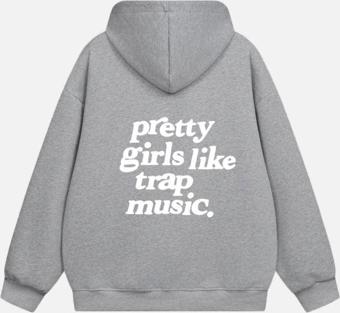 Mad&Calf Kadın Pretty Girls Like Trap Music. Baskılı Kapüşonlu Polarlı Oversize Sweatshirt Gri 2XL