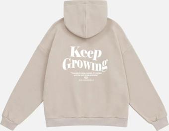 Mad&Calf Unisex Keep Growing Baskılı Kapüşonlu Polarlı Oversize Sweatshirt Bej 2XL