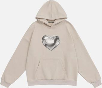 Mad&Calf Unisex Silver Chrome Heart Baskılı Kapüşonlu Polarlı Oversize Sweatshirt Bej 2XL