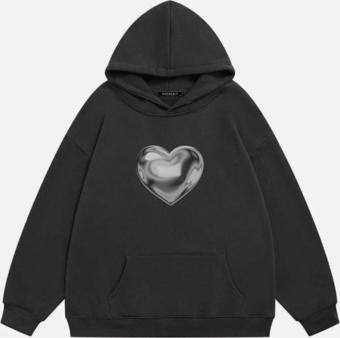 Mad&Calf Unisex Silver Chrome Heart Baskılı Kapüşonlu Polarlı Oversize Sweatshirt Füme XL