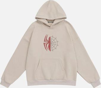 Mad&Calf Unisex Spider Taş Baskılı Kapüşonlu Polarlı Oversize Sweatshirt Bej 2XL