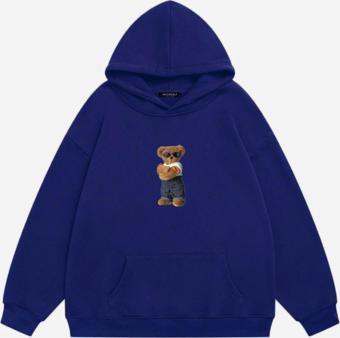 Mad&Calf Unisex Teddy Bear Baskılı Kapüşonlu Polarlı Oversize Sweatshirt Saks L