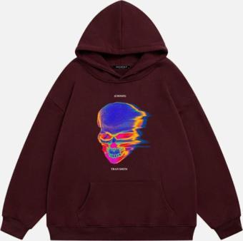 Mad&Calf Unisex Tran Smit6  Baskılı Kapüşonlu Polarlı Oversize Sweatshirt Bordo 2XL