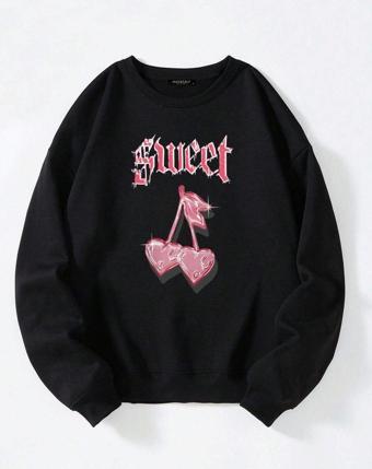 Mad&Calf Unisex Sweet Cherry Baskılı Oversize Polarlı Sweatshirt Siyah XL